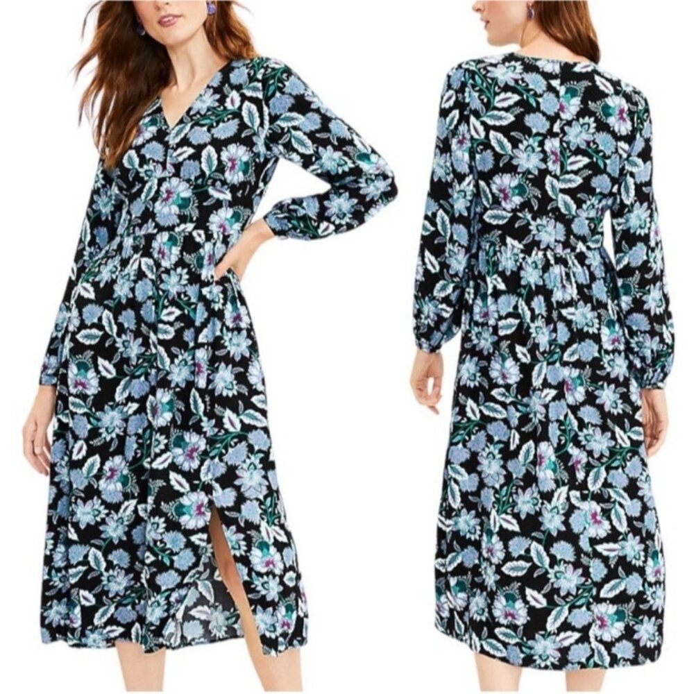 Loft Black Floral V-Neck Midi Dress Size 4 Long Sleeve Zip A-Line NWT